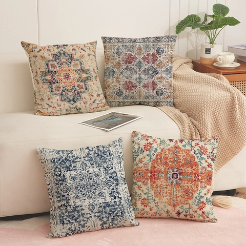 Bohemian Mandala Cushion Cover Polyester Linen Blend Square Ethnic Vintage Home Decor Pillow Case With Invisible Zipper
