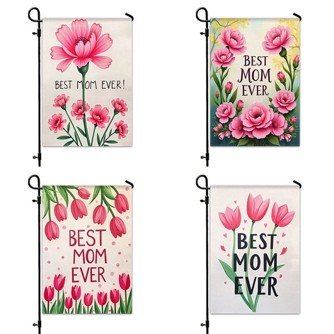 Mother's Day Garden Flag Best Mom Ever Double Sided Linen Polyester Tulip Floral Outdoor Yard Lawn Decorative Banner