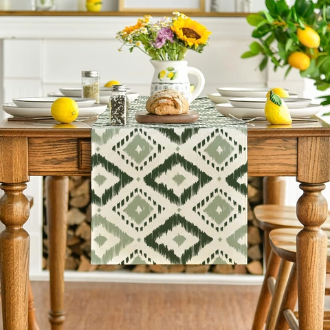 Nordic Linen Table Runner Green Geometric Floral Pattern Rectangular Washable Tablecloth For Dining Room Kitchen Home Decor