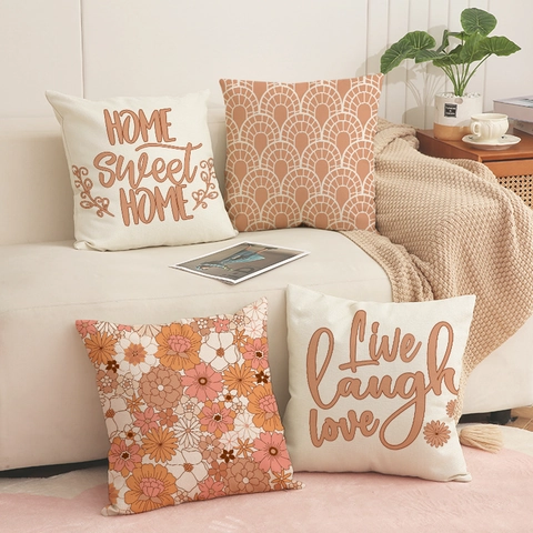 Linen Blend Decorative Throw Pillow Case Modern Minimalist Flower Letter Slogan Print Cushion Cover For Living Room Sofa Home Decor