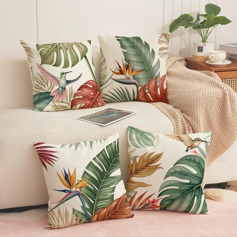 Tropical Plant Print Linen Cushion Cover Hummingbird Bird Of Paradise Flower Decorative Pillow Case For Living Room Sofa