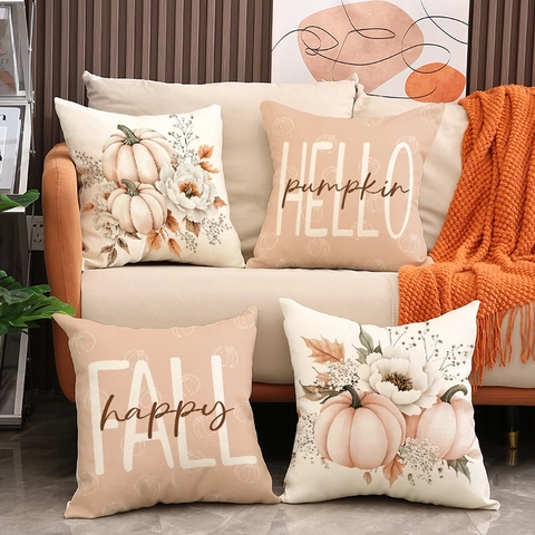 Autumn Harvest Pumpkin Linen Blend Cushion Cover Thanksgiving Theme Decorative Pillowcase For Sofa Home Decor Modern Floral Throw Pillowcase