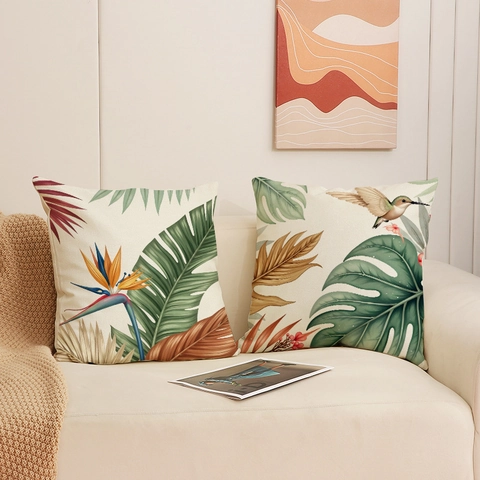 Tropical Plant Print Linen Cushion Cover Hummingbird Bird Of Paradise Flower Decorative Pillow Case For Living Room Sofa