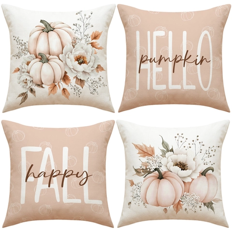 Autumn Harvest Pumpkin Linen Blend Cushion Cover Thanksgiving Theme Decorative Pillowcase For Sofa Home Decor Modern Floral Throw Pillowcase