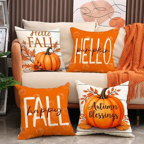 Fundas De Cojín Lino Otoño Calabaza Hoja Arce Impresión Decoración Hogar Granja Para Sofá Con Cremallera Invisible