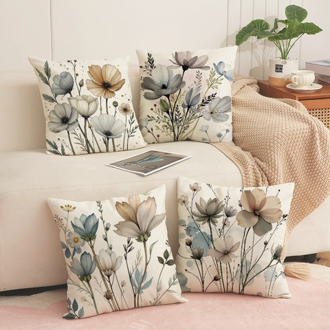 Fodera Per Cuscino Floreale Misto Lino Stampa Acquerello Decorativo Per Divano Casa Quadrata