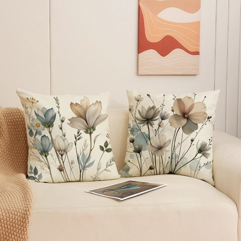 Fodera Per Cuscino Floreale Misto Lino Stampa Acquerello Decorativo Per Divano Casa Quadrata