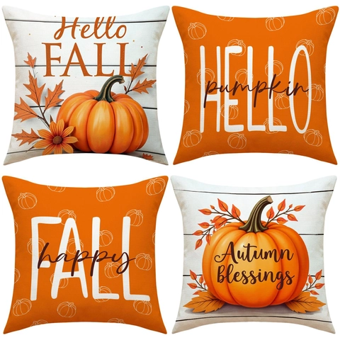 Fundas De Cojín Lino Otoño Calabaza Hoja Arce Impresión Decoración Hogar Granja Para Sofá Con Cremallera Invisible