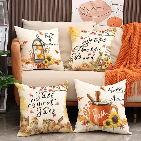 Fall Pumpkin Sunflower Maple Leaf Linen Cushion Cover Farmhouse Autumn Thanksgiving Decor Throw Pillowcase For Sofa Home Decorative