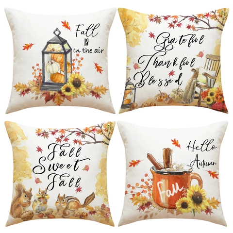 Fall Pumpkin Sunflower Maple Leaf Linen Cushion Cover Farmhouse Autumn Thanksgiving Decor Throw Pillowcase For Sofa Home Decorative