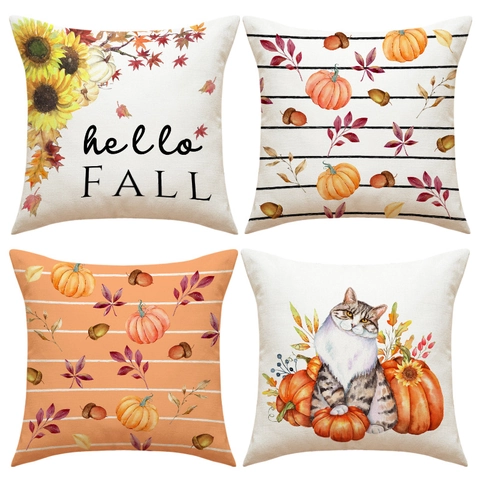 Herbst Kürbis Ahornblatt Sonnenblume Leinenmischung Kissenbezüge Erntedankfest Halloween Dekorative Kissenhüllen