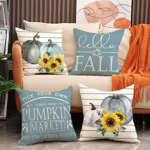 Autumn Thanksgiving Pillow Cover Linen Pumpkin Sunflower Farmhouse Square Decorative Cushion Case For Couch Sofa Living Room