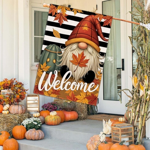 Bandiera da Giardino Autunno Ringraziamento Fronte Retro Zucca Gnomo Foglia di Acero Welcome Decorazione Esterna per Casa