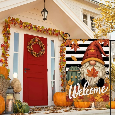 Bandiera da Giardino Autunno Ringraziamento Fronte Retro Zucca Gnomo Foglia di Acero Welcome Decorazione Esterna per Casa
