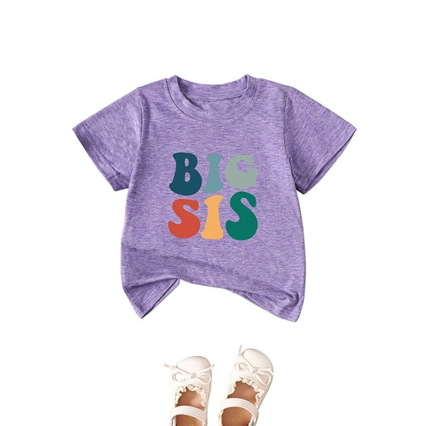 T-Shirt à Manches Courtes Décontracté pour Enfants Impression de Lettres Big Sis Mélange de Coton pour Garçons Filles