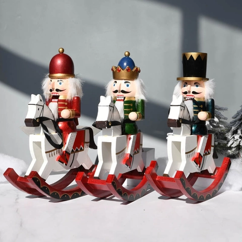 Vintage Wooden Nutcracker Soldier King Riding Rocking Horse Hand Painted Christmas Decoration Traditional Tabletop Festive Ornament Home Holiday Gift