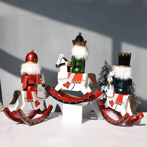Vintage Wooden Nutcracker Soldier King Riding Rocking Horse Hand Painted Christmas Decoration Traditional Tabletop Festive Ornament Home Holiday Gift