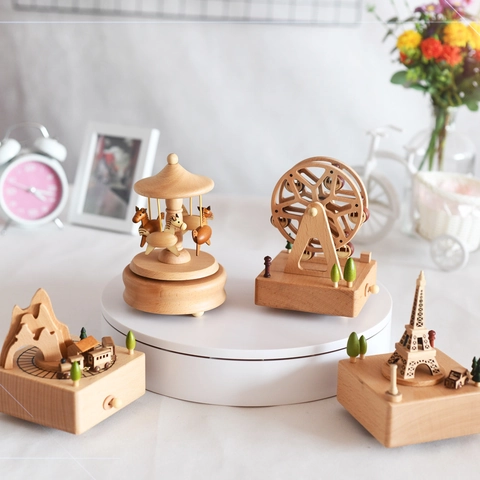 Handcrafted Wooden Music Box Beech Wood Rotating Mechanical Clockwork Decor Carousel Ferris Wheel Landmark Gift