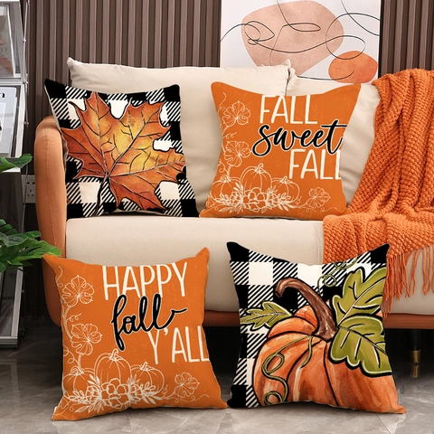 Autumn Fall Throw Pillow Covers Linen Blend Thanksgiving Pumpkin Maple Leaf Buffalo Plaid Farmhouse Home Decor Case