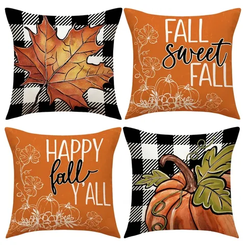 Autumn Fall Throw Pillow Covers Linen Blend Thanksgiving Pumpkin Maple Leaf Buffalo Plaid Farmhouse Home Decor Case