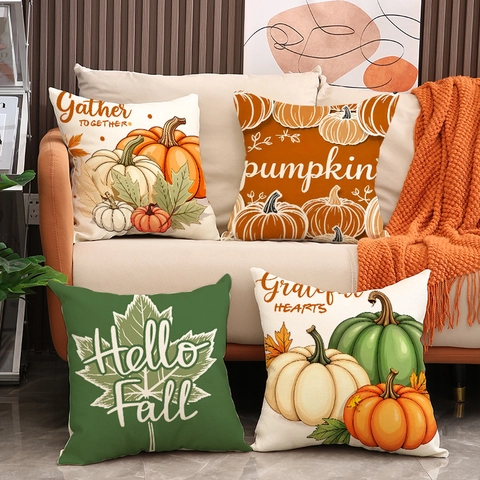 Federe Per Cuscini In Misto Lino Con Stampa Zucca E Foglie D'acero Autunnali Per Divano Decorazioni Per Ringraziamento