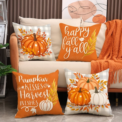 Herbst Herbst Kissenbezüge Leinenmischung Kürbisblatt Druck Ernte Thanksgiving Halloween Dekorative Quadratische Kissenhülle