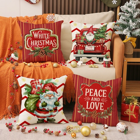 Federe Per Cuscini Di Natale Misto Lino Righe Rosse Festive Babbo Natale Camion Federa Decorativa Divano Casa Quadrata Inverno