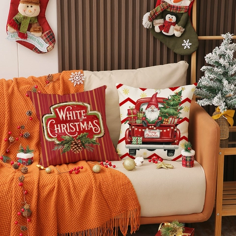 Federe Per Cuscini Di Natale Misto Lino Righe Rosse Festive Babbo Natale Camion Federa Decorativa Divano Casa Quadrata Inverno