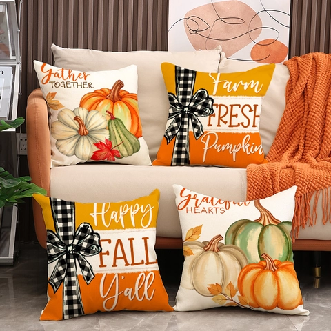 Thanksgiving Pumpkin Linen Blend Throw Pillow Covers Fall Maple Leaf Plaid Bow Decorative Cushion Case For Sofa Living Room Farmhouse Decor