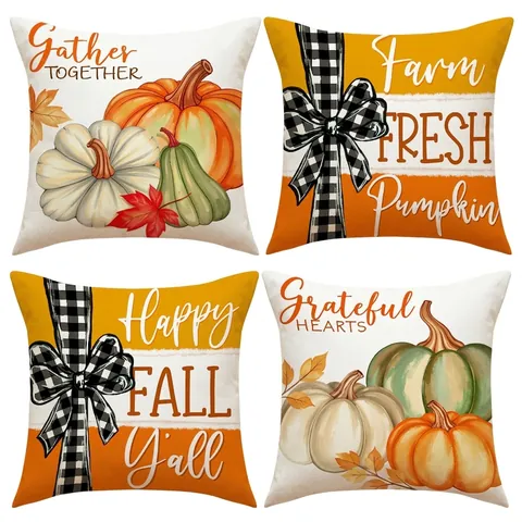 Thanksgiving Pumpkin Linen Blend Throw Pillow Covers Fall Maple Leaf Plaid Bow Decorative Cushion Case For Sofa Living Room Farmhouse Decor