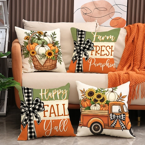 Autumn Thanksgiving Linen Throw Pillow Covers Fall Farmhouse Pumpkin Sunflower Truck Decorative Cushion Case Home Decor