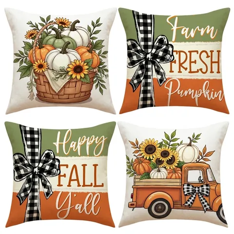 Autumn Thanksgiving Linen Throw Pillow Covers Fall Farmhouse Pumpkin Sunflower Truck Decorative Cushion Case Home Decor