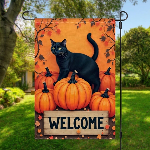 Drapeau De Jardin Halloween Double Face Chat Noir Citrouille Bienvenue Automne Lin Polyester Décoration Extérieure