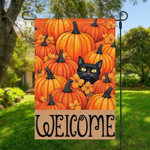 Drapeau De Jardin Halloween Double Face Chat Noir Citrouille Bienvenue Automne Lin Polyester Décoration Extérieure
