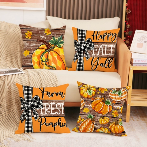 Herbst Ernte Kissenbezüge Kürbis Ahornblatt Druck Leinenmischung Thanksgiving Bauernhaus Dekor Buffalo Plaid Schleife