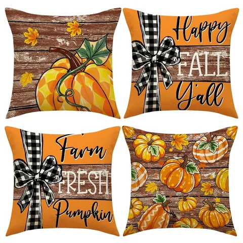 Herbst Ernte Kissenbezüge Kürbis Ahornblatt Druck Leinenmischung Thanksgiving Bauernhaus Dekor Buffalo Plaid Schleife