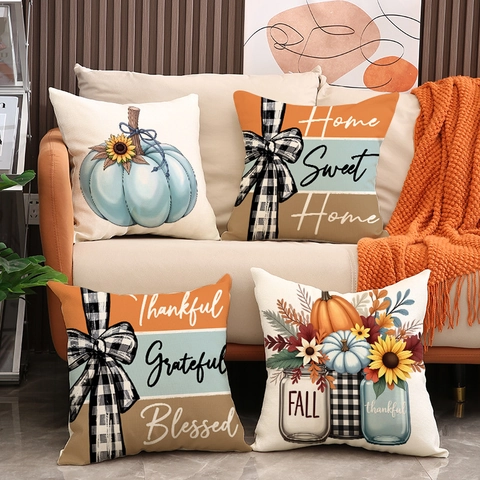 Thanksgiving Autumn Decorative Throw Pillow Covers Faux Linen Pumpkin Sunflower Print Cushion Cases For Living Room Sofa Home Decor
