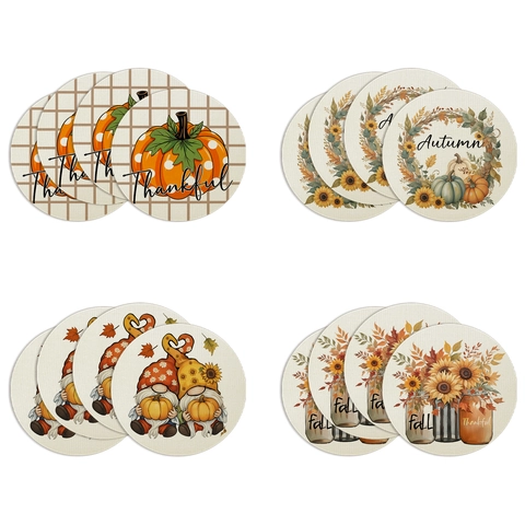 Set De Table Rond Automne Mélange De Lin Résistant À La Chaleur Lavable Tapis Table Citrouille Tournesol Décoration