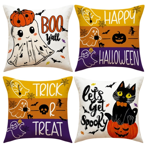 Halloween Ghost Pumpkin Bat Print Pillowcase Linen Blend Square Cushion Cover For Sofa Living Room Spooky Festive Home Decor