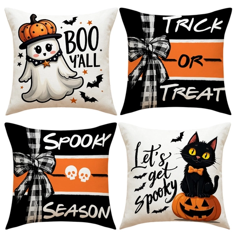 Halloween Ghost Pumpkin Bat Print Pillowcase Linen Blend Square Cushion Cover For Sofa Living Room Spooky Festive Home Decor