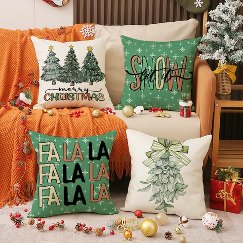 Christmas Linen Blend Cushion Cover Festive Snowflake Tree Print Decorative Pillow Case For Sofa Living Room Home Decor