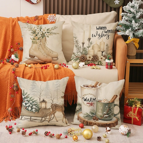 Weihnachtsdeko Kissenbezüge Leinenmischung Quadratische Kissenhülle Für Sofa Winter Urlaub Landhaus Wohnkultur Vintage Muster