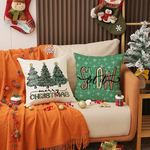 Christmas Linen Blend Cushion Cover Festive Snowflake Tree Print Decorative Pillow Case For Sofa Living Room Home Decor