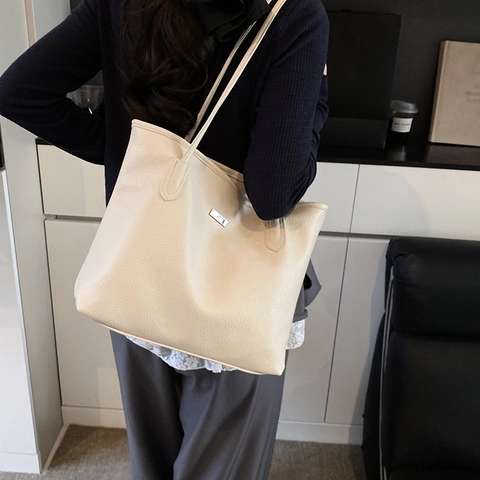 Large Capacity PU Leather Tote Bag For Women Solid Color Casual Commuter Shoulder Bag Textured Minimalist Handbag
