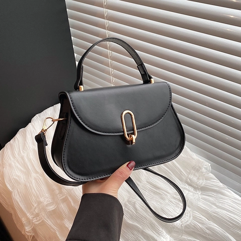 Simple Retro PU Leder Umhängetasche Gold Oval Schloss Handtasche Für Damen Alltag Schultertasche Kleine Tasche