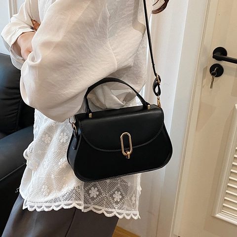 Simple Retro PU Leder Umhängetasche Gold Oval Schloss Handtasche Für Damen Alltag Schultertasche Kleine Tasche