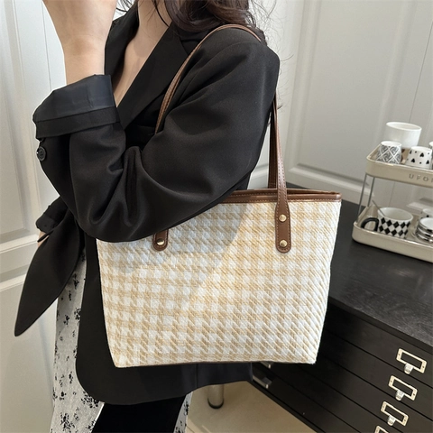 Große Kapazität Hahnentritt Tote Bag Und Untertasche Vintage Gewebte Umhängetasche Urbane Mode Für Frauen Stilvolles Design