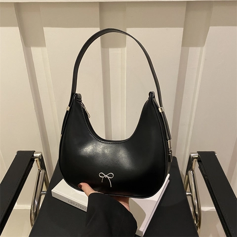 Borsa Hobo A Mezzaluna Da Donna In Pelle PU Borsa A Spalla Sottoascella Con Fiocco Argentato Stile Francese Versatile Nuovo