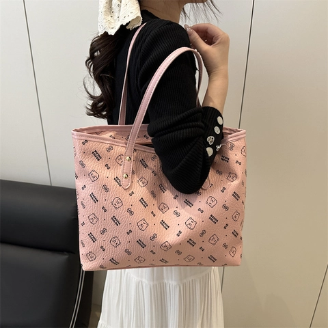 Grote Tote Tas Voor Dames PU Leer Cartoon Beer Print Schoudertas Rits Woon-Werk Handtas
