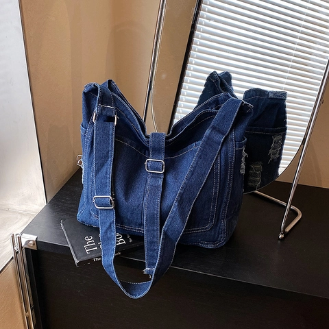 Vintage Denim Tote Bag For Women Large Capacity Contrast Stitching Distressed Crossbody Bag Lazy Style Shoulder Bag For Campus
